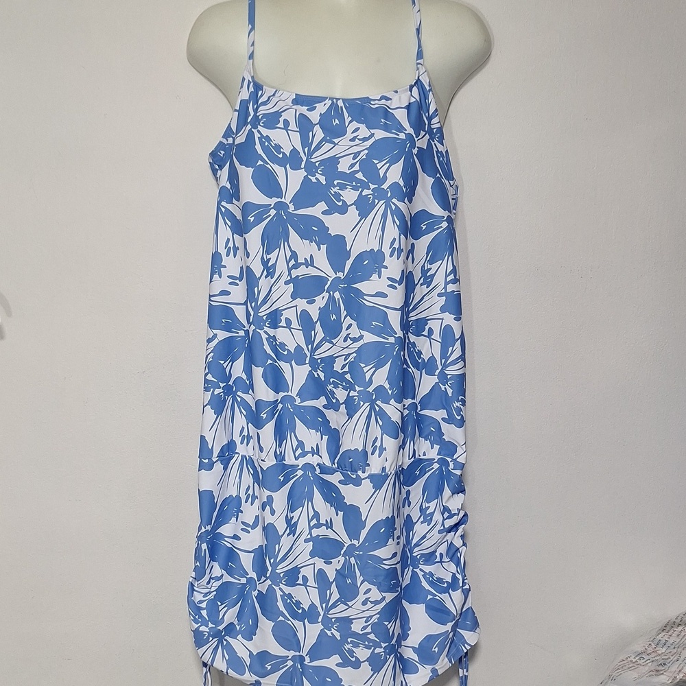 Zaful Blue and White Floral Swim Dress Coverup